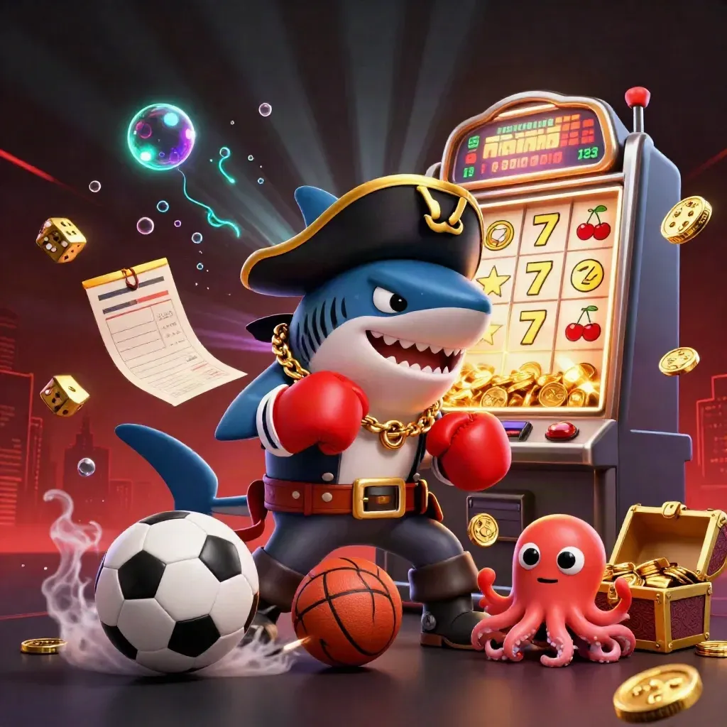 Cartoon shark, pufferfish and octopus amid casino bursts, balls and gold in neon red-green light.