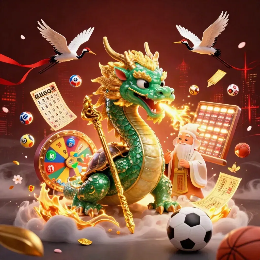 Emerald dragon and turtle sage amid casino tokens, sports balls and golden fire.