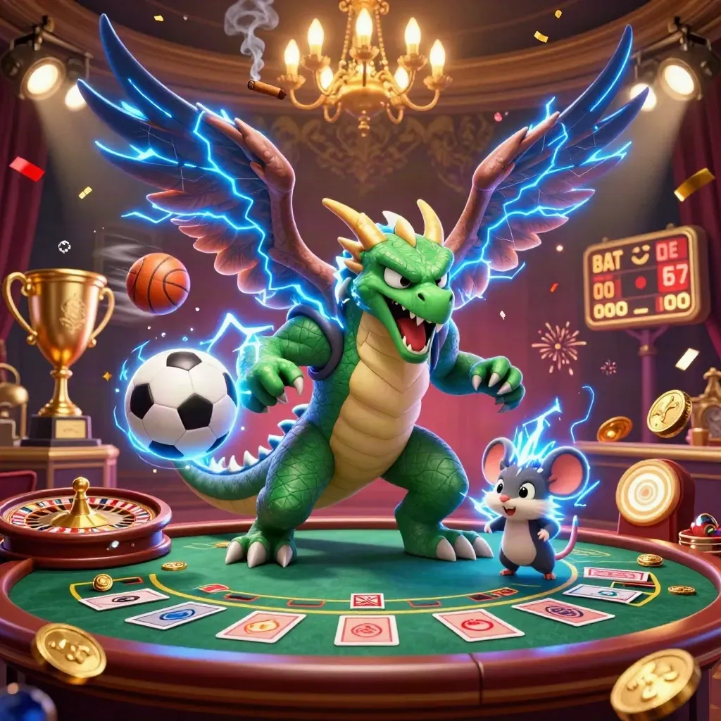 Thunder dragon, hawk, and mouse in a luxe casino room with gold light and sports balls.