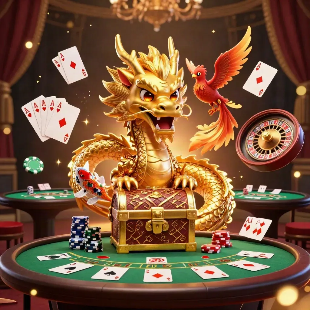 Golden dragon with phoenix and koi around poker felt, chips, aces, roulette wheel, luxe casino glow