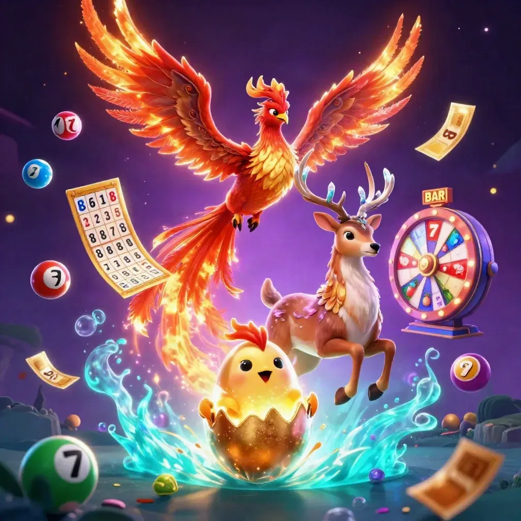 Phoenix, chick, and crystalline stag amid casino bursts, glowing reels, tickets, and cosmic magic.