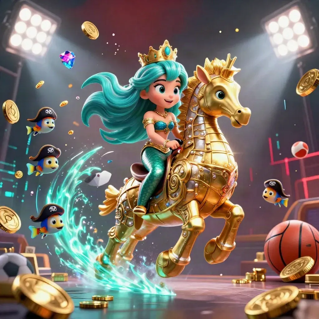 Mermaid princess on an armored seahorse amid pirate fish, coins, balls, and treasure bursts