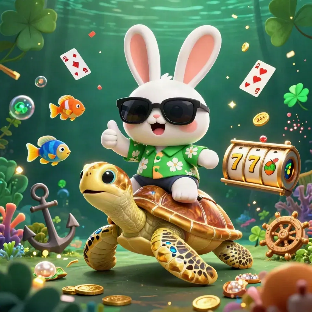 Cartoon rabbit on a golden sea turtle in an underwater casino treasure cove with cards, coins, and sparkles
