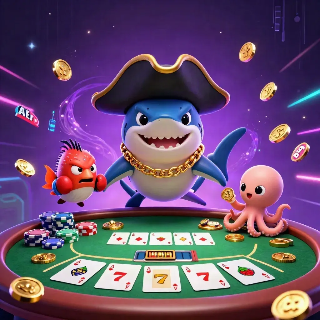 Pirate shark, boxing pufferfish, and coin-juggling octopus over poker chips in neon casino art